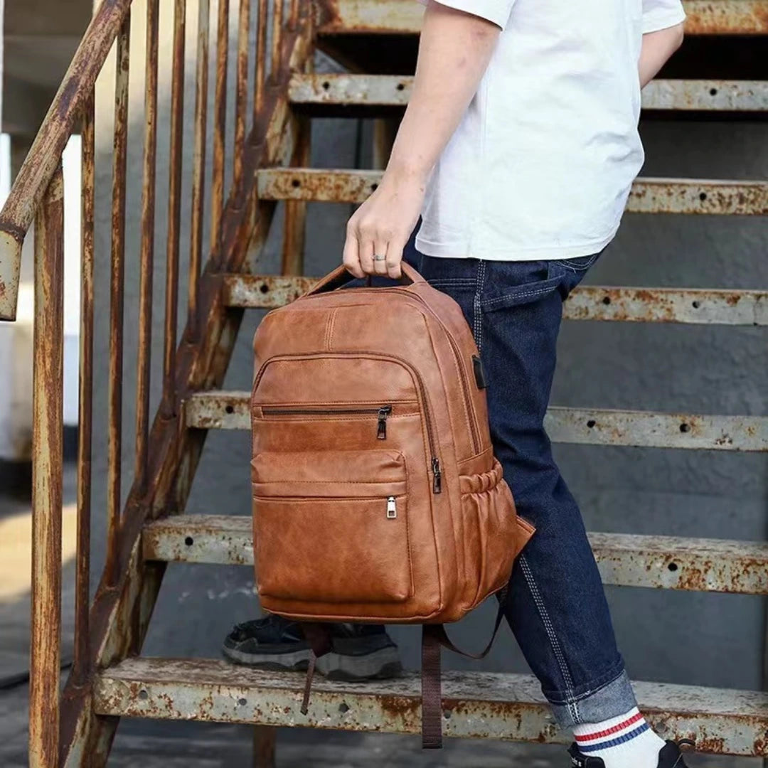 Leather Backpack with Integrated Charger